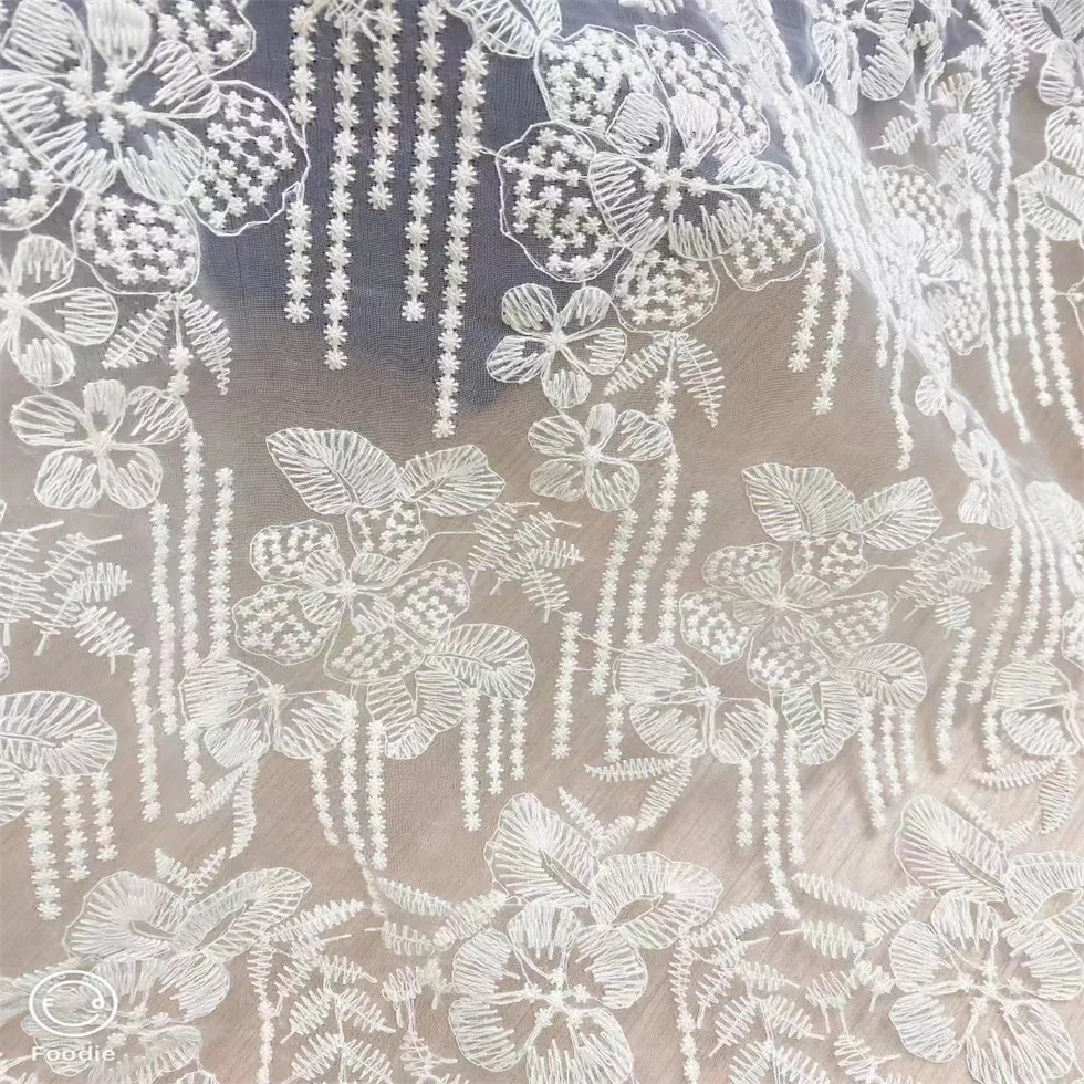 Cotton Thread Apricot Colored Organza Lace Embroidered Fabric for Curtain