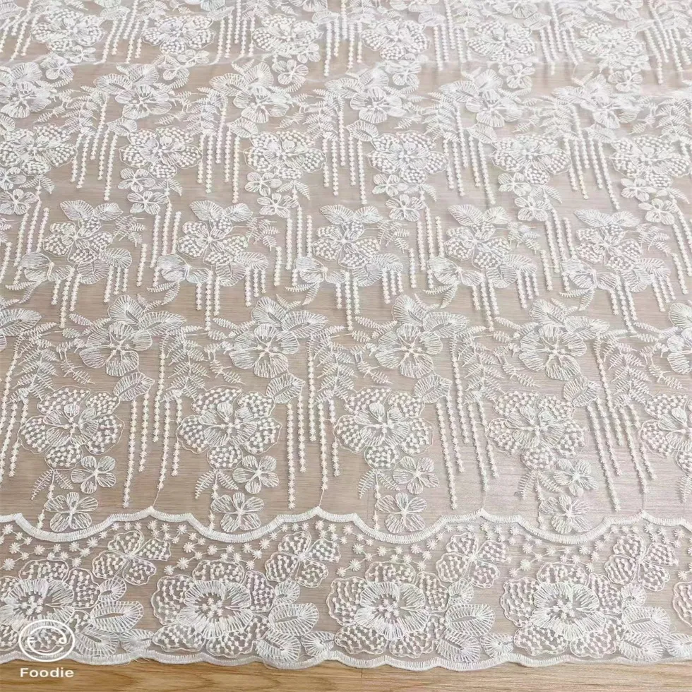 Cotton Thread Apricot Colored Organza Lace Embroidered Fabric for Curtain