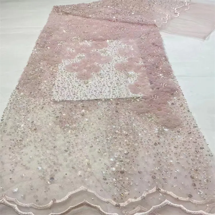 Elegant 3D Flower Embroidery Lace Fabrics with Sequins for Wedding Dresses and Party Dresses