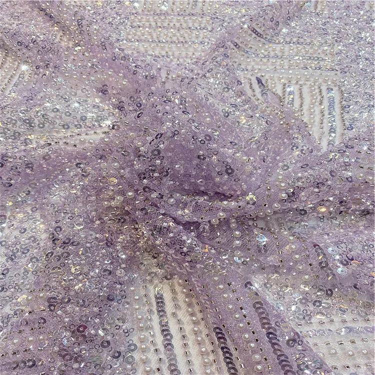 Fantasy Fairy Purple Bead Sheet Bubble Bead Tube Embroidered Evening Dress Fabric