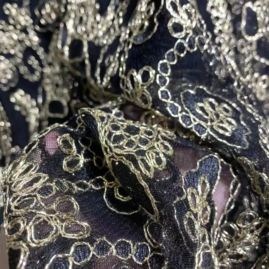 Fashion Computer Embroidery Mesh Black Gold Lace Fabric for Bridal