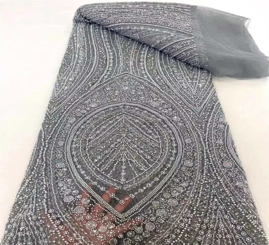 French Heavy-Duty Bead Sequin Tube Embroidered Lace Fabric for Wedding Evening Dress