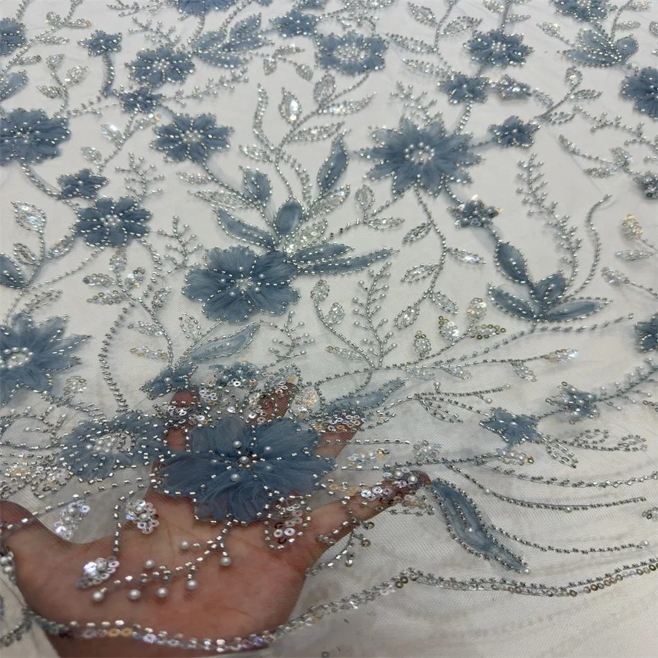 Handmade Pearl Tube 3D Embroidery Mesh Floral Lace Fabric for Evening Dress