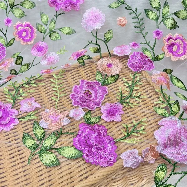 New Stock Mesh Material 3D Rose Embroidered Fabric for DIY Fashion Dress