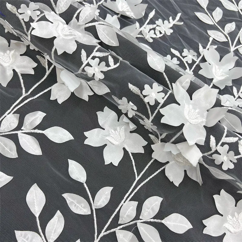 New White Laser Chiffon Flower 3D Embroidery Mesh Lace Fabric for Curtain