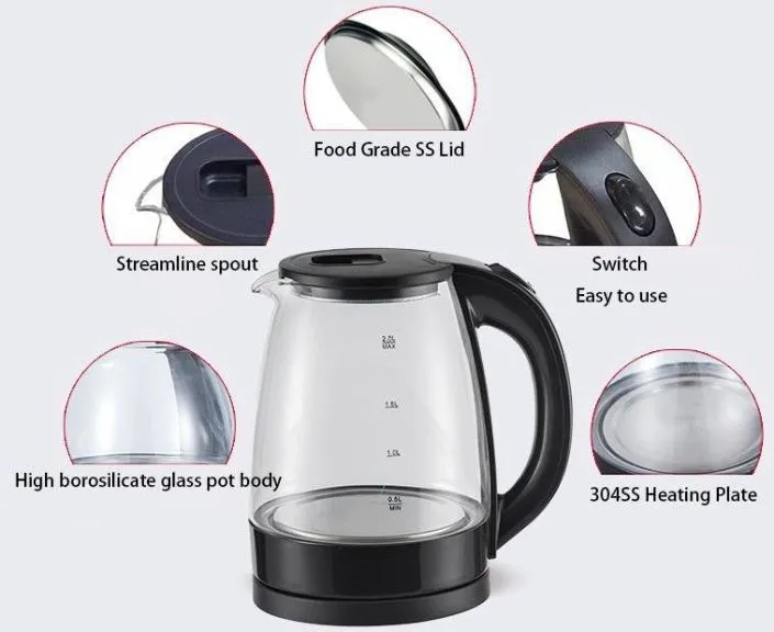 2024 New 1.8L Different Temperature Set Cordless Glass Kettle Electric Kettle