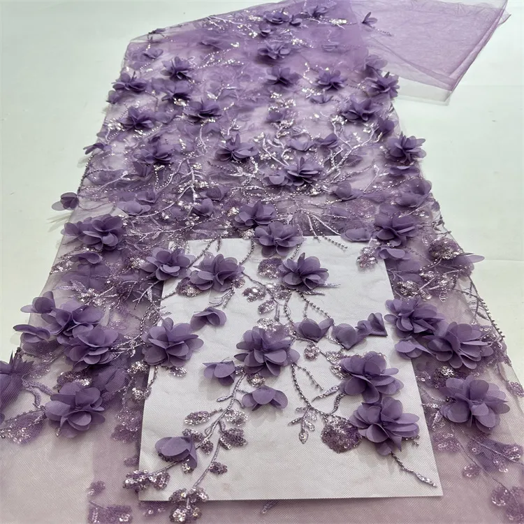 Wholesale 3D Flower Sequin Beaded Tulle Embroidery Lace Fabric for Garment Dress