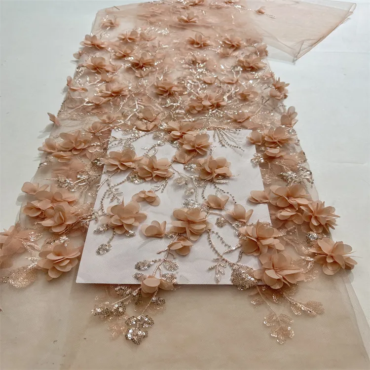 Wholesale 3D Flower Sequin Beaded Tulle Embroidery Lace Fabric for Garment Dress