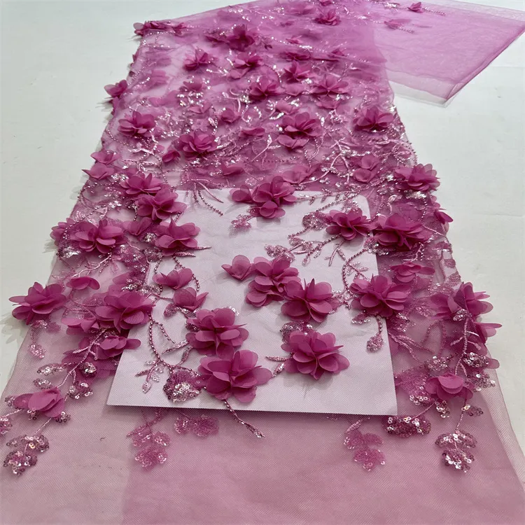 Wholesale 3D Flower Sequin Beaded Tulle Embroidery Lace Fabric for Garment Dress