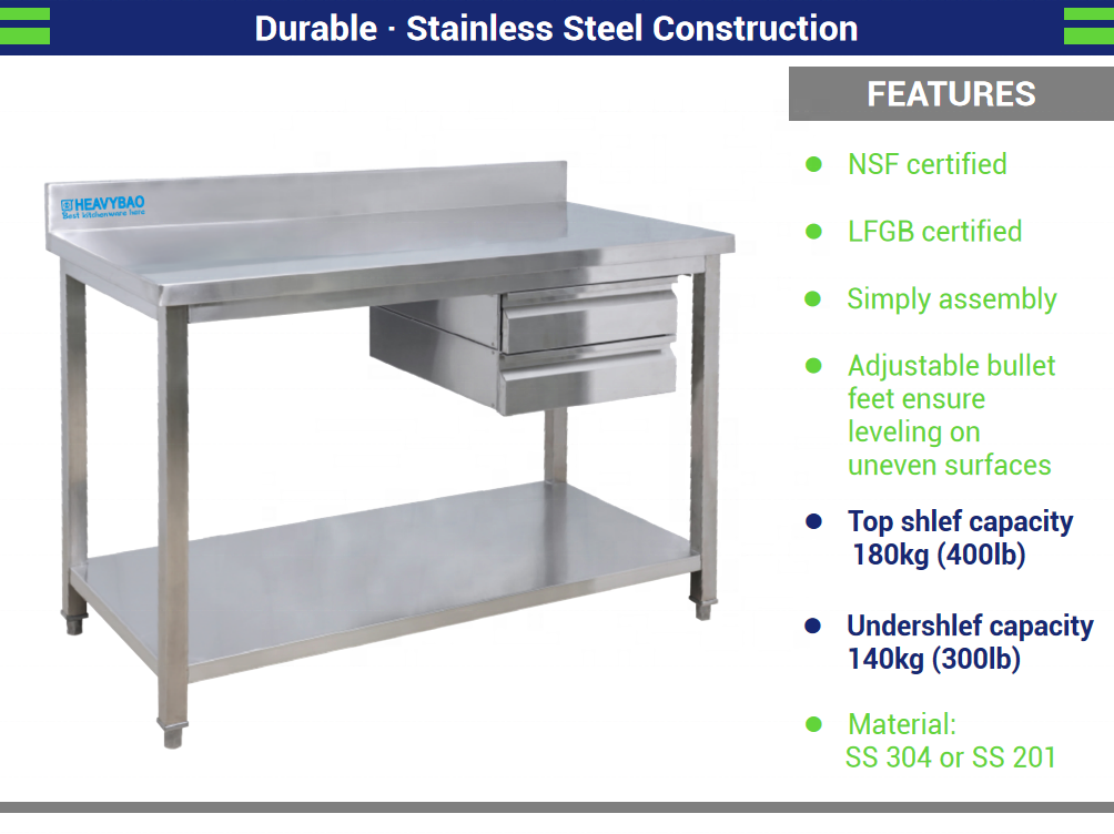 Heavybao Commercial Catering Kitchen Equipment Hotel Stainless Steel Work table Workbench With Removable Drawers