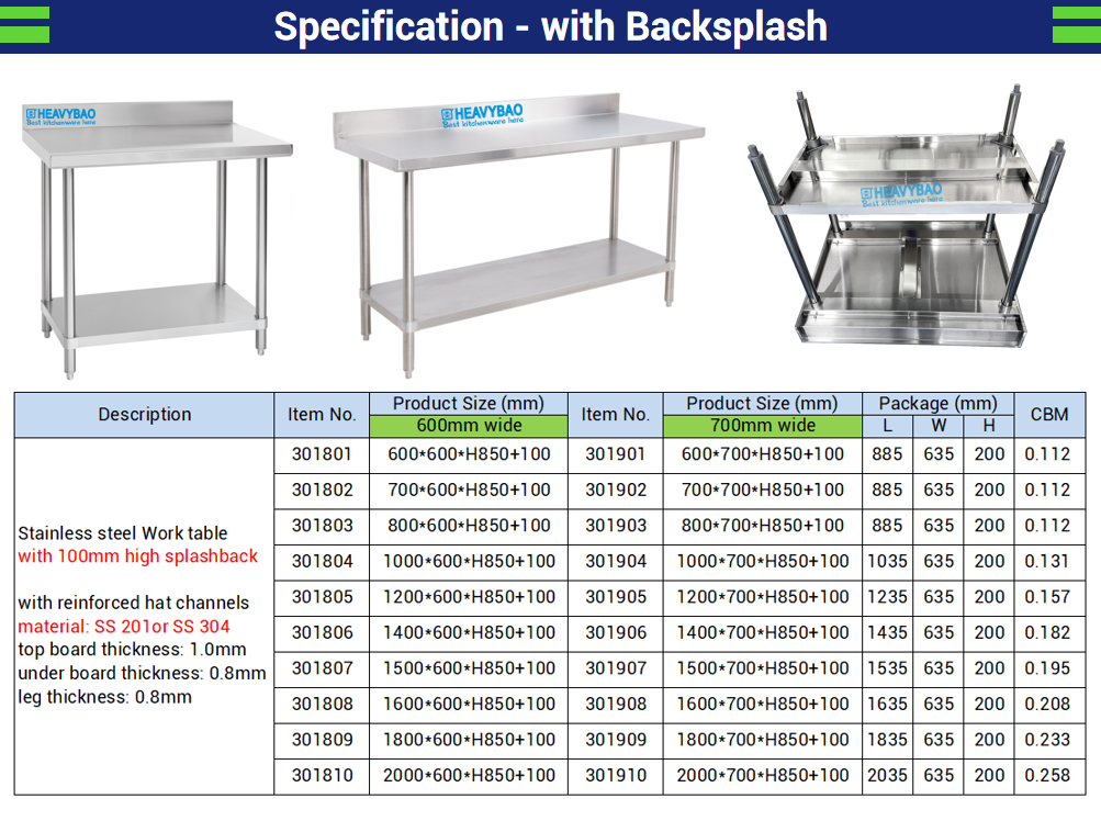 Heavybao Commercial Kitchen Work Table Stainless Steel Table For Industrial Kitchen Equipment