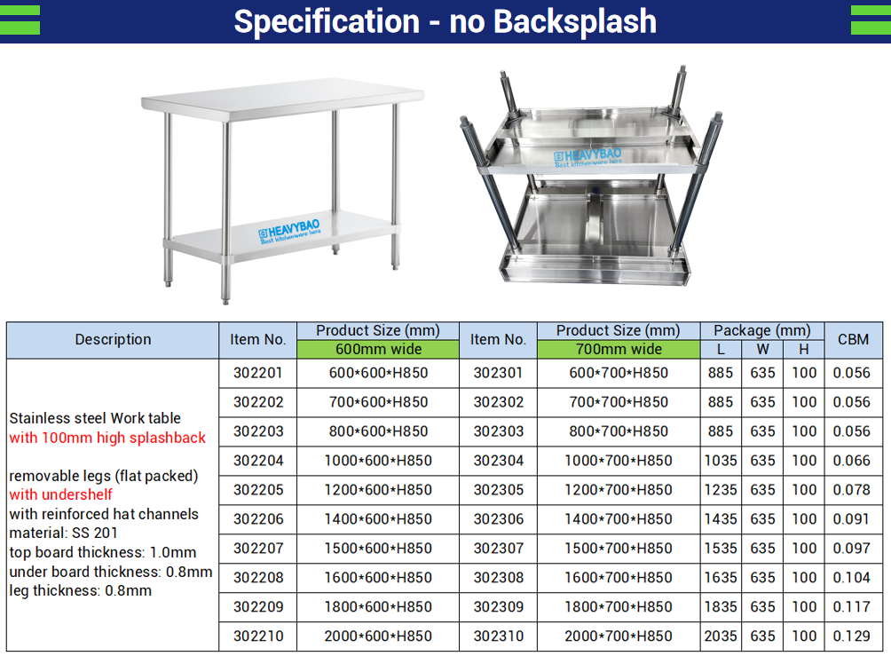 Heavybao Commercial Kitchen Work Table Stainless Steel Table For Industrial Kitchen Equipment