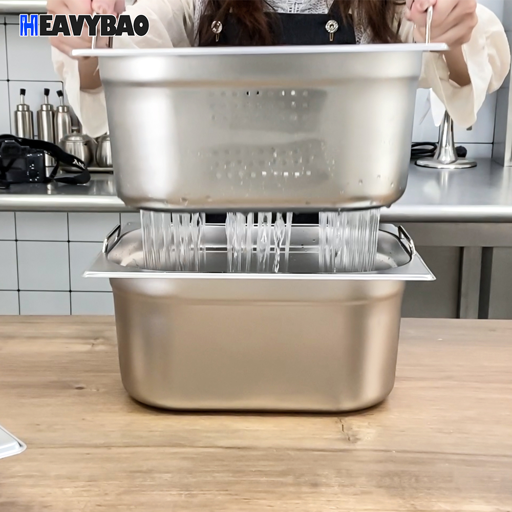 Heavybao Commercial Stainless Steel Gastronorm Containers Handle Catering Food Perforated Pans Standard GN Pan