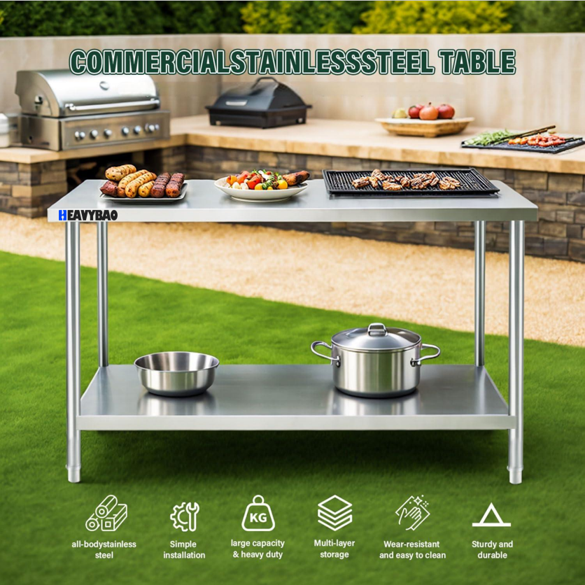 Heavybao Commercial Stainless Steel Restaurant Working Table With Undershelf and Adjustable Feet