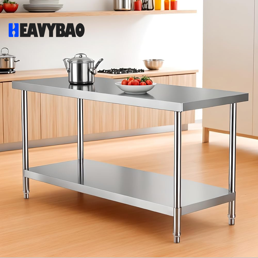Heavybao Commercial Stainless Steel Restaurant Working Table With Undershelf and Adjustable Feet