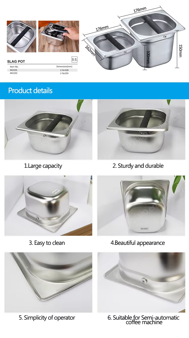 Heavybao Durable Wood Edge New Style Stainless Steel Coffee Residue Slag Pot Knock Box 1/6 GN Pan