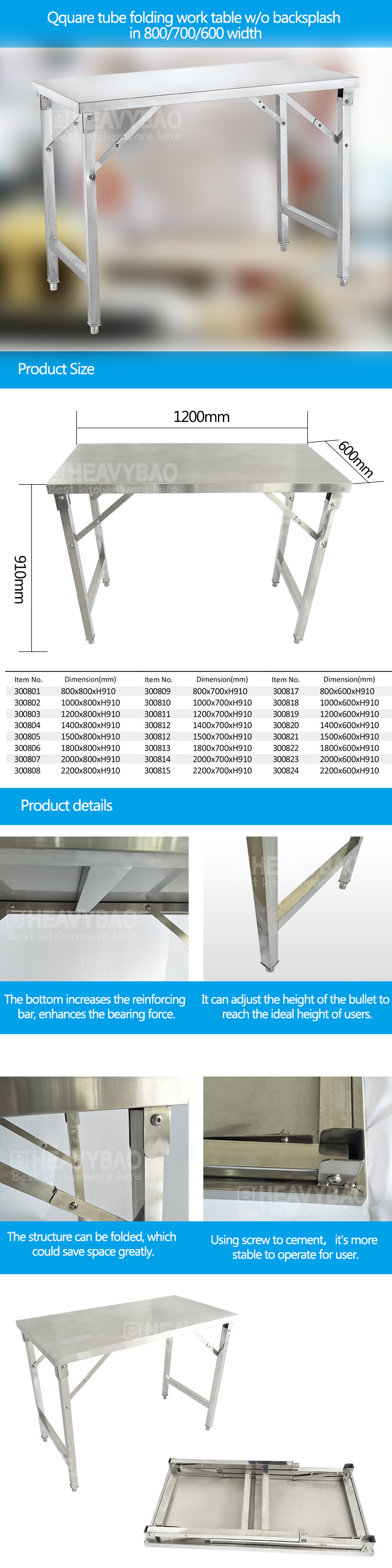 Heavybao Foldable Space Saving Stainless Steel Work Table without backsplash