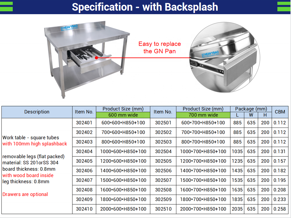 Heavybao Hotel Kitchen Equipment Stainless Steel Work Table Kitchen Work Bench Table With Drawers