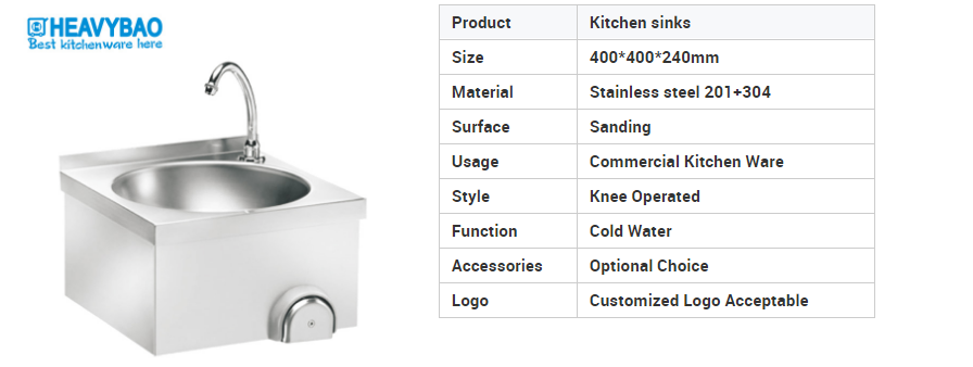 Heavybao Industrial Kitchen Stainless Steel Knee Operated Wash Basin Wall Hanging Hand Sink For Public Places