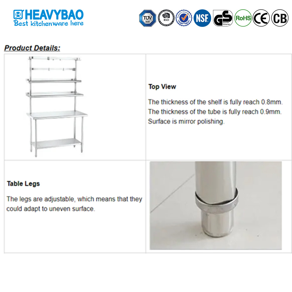 Heavybao Kitchen Equipment Stainless Steel Round Tube Work Table With Extra Shelf Used Food Restaurant Prep Table