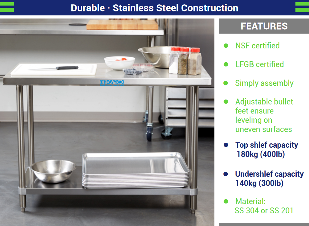 Heavybao Stainless Steel Commercial Work Table With Undershelf And Overshelf Drawer Pot Rack And Bun Pan Rack