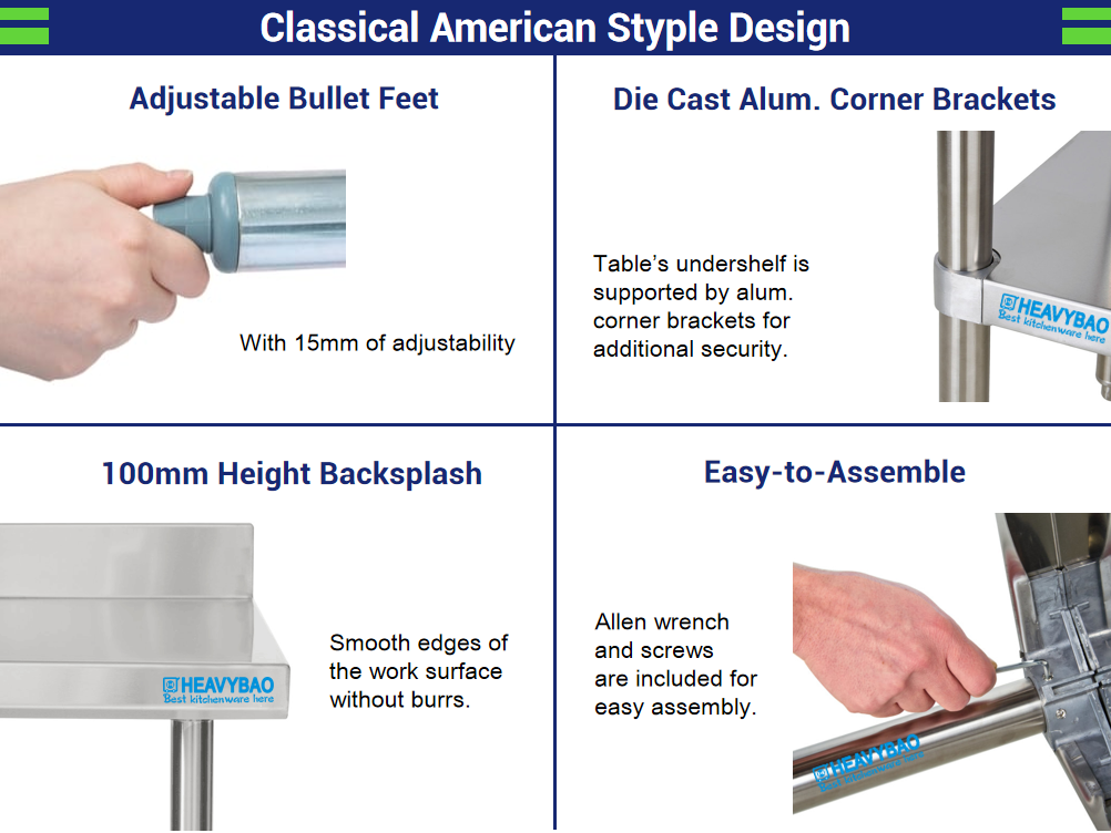 Heavybao Stainless Steel Commercial Work Table With Backsplash Catering Tables Professional Food Prep Tables