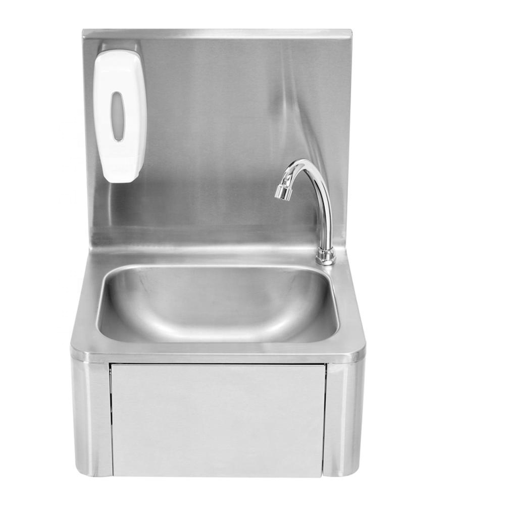 Wall Mounted Silver knee push operated hand wash sink basin with soap dispenser for commercial kitchen and hospital