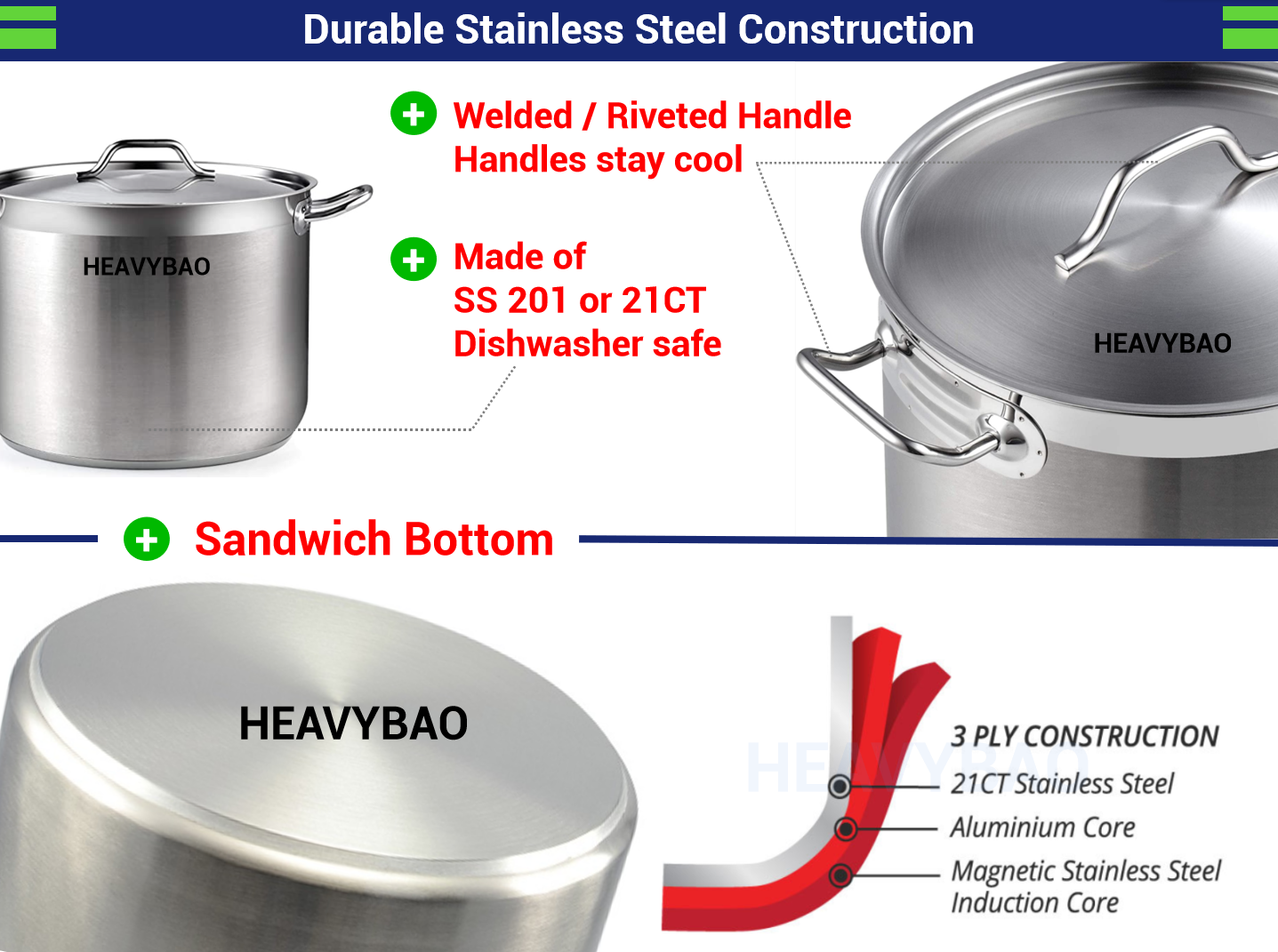 stainless steel heavy-duty large commercial induction saucepan composite frying pan cookware soup stock pot cooking pots