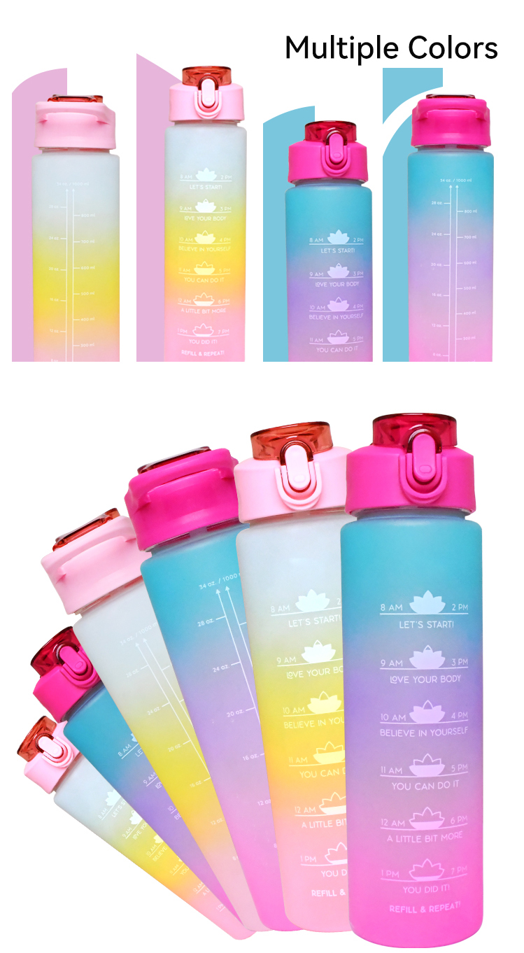 1000ml wholesale price 32oz/1lL Custom Bpa Free  Gym gradient Motivational plastic sport water bottles with handle