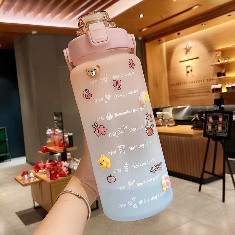 2 Liters Color Changing Water Bottle Gym Clear Waterbottle Drinkware Plastic with Stickers 2000ml Sport for Kids Camping Adults