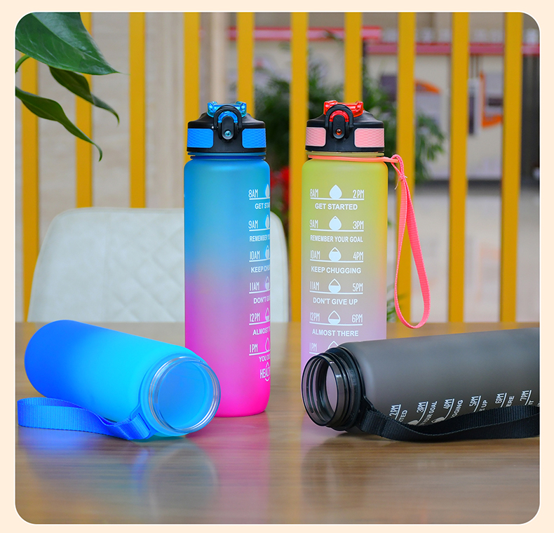 32oz Eco Friendly plastic Custom LOGO BPAFree Factory Gym Fitness sports 1L Motivational Water Bottle With Time Marker and rope