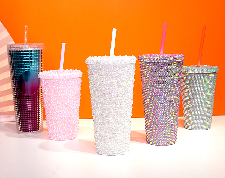 Business Gifts  Festivals Luxury  BPA Free  Glitter Plastic Studs Straw tumbler with Bling Rhinestone FDA Certified Unisex