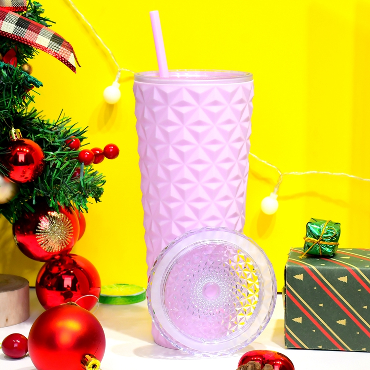 Custom color 24oz/710ml pink Glitter Pineapple travel Cup Bling Plastic Double Wall Studded glitter Tumbler with lid and straw