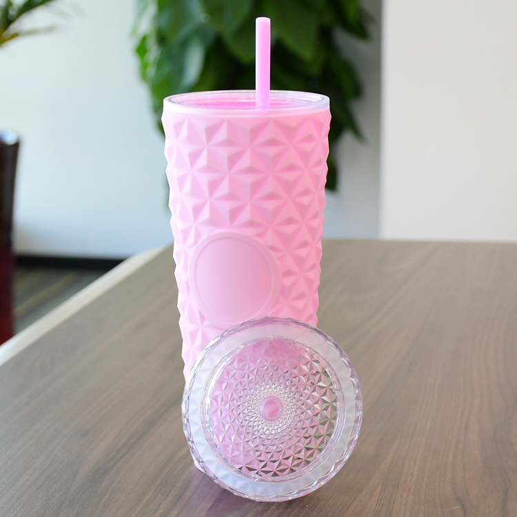 Custom color 24oz/710ml pink Glitter Pineapple travel Cup Bling Plastic Double Wall Studded glitter Tumbler with lid and straw