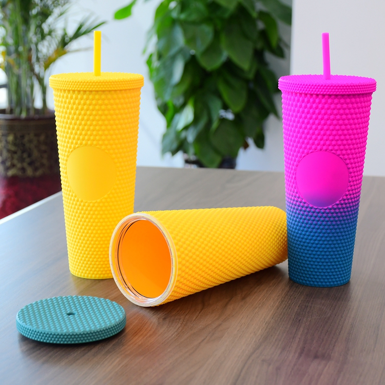 Customizable Single Color Printing 710ml/24oz Double Wall Insulated Venti Cup BPA Water Bottle Textured Acrylic Studs Yellow