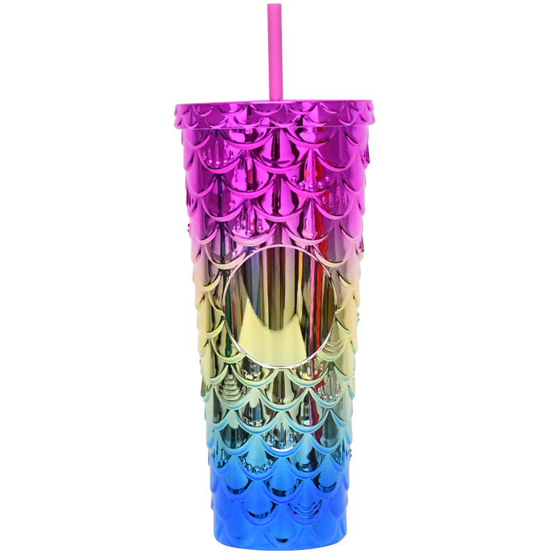 Customized 24oz/750ml Plastic Double layer Bling Fully Mermaid scale Studded Tumbler for Iced Coffee Smoothie.