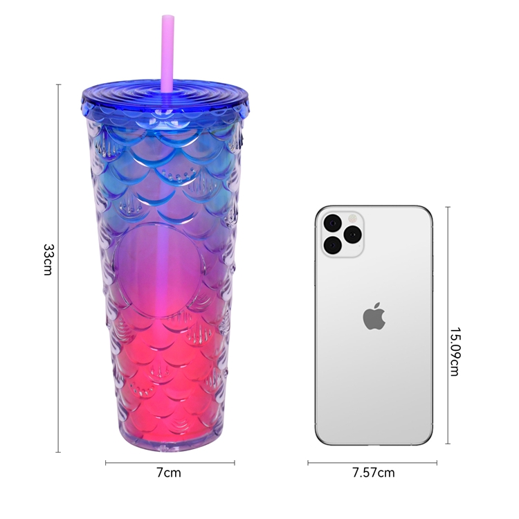 Customized 24oz/750ml Plastic Double layer Bling Fully Mermaid scale Studded Tumbler for Iced Coffee Smoothie.