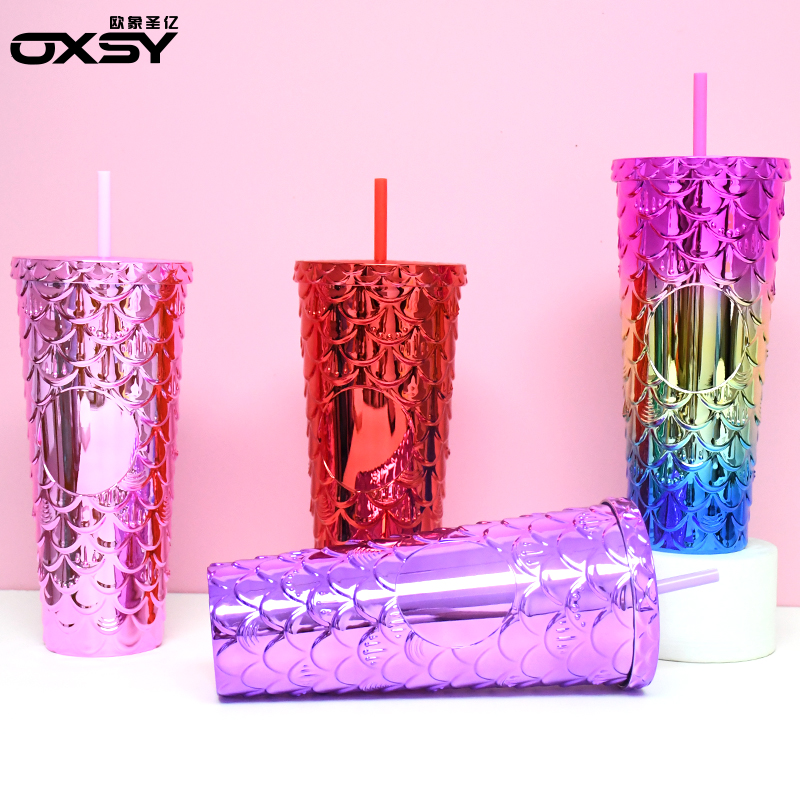 Customized 24oz/750ml Plastic Double layer Bling Fully Mermaid scale Studded Tumbler for Iced Coffee Smoothie.