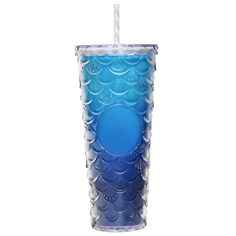 Customized 24oz/750ml Plastic Double layer Bling Fully Mermaid scale Studded Tumbler for Iced Coffee Smoothie.