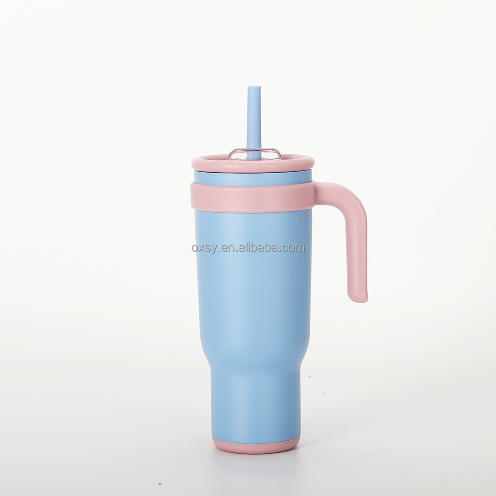 Customized color and logo bpa free 30oz Stainless Steel double wall Vacuum Insulated Tumbler with Handgrip 2-in-1 Silicone Straw