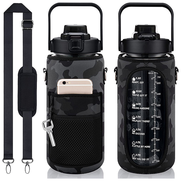 Eco-Friendly 64oz BPA-Free Gym PC Water Bottle Motivational Sport Style 2 Liter with storage bottle sleeve for Camping Unisex