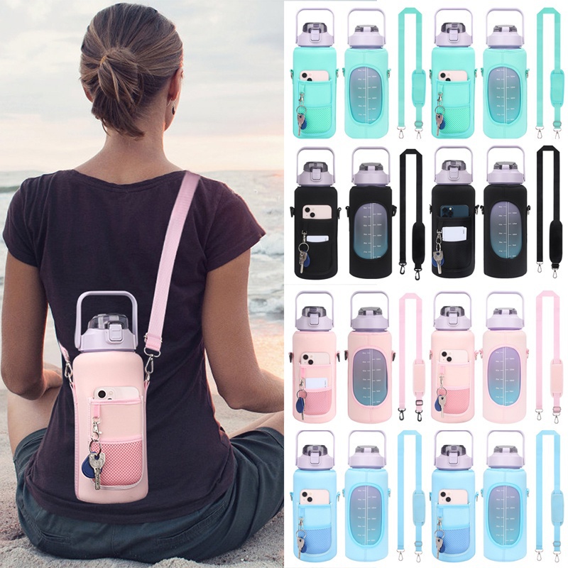 Eco-Friendly Large Plastic  Sport  Pocket Carrier Camping Storage 64oz BPA-Free Gym PC Material motivation Water Bottle