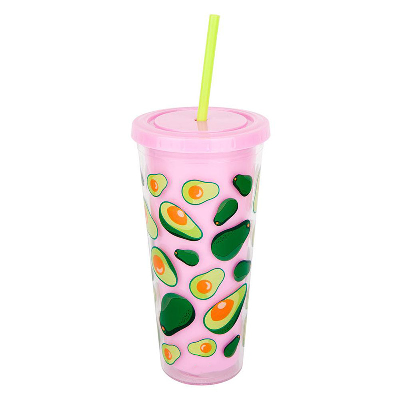 Factory Direct Supply 24oz Large Capacity Double Plastic Straw Cup Avocado Summer Sports Cup