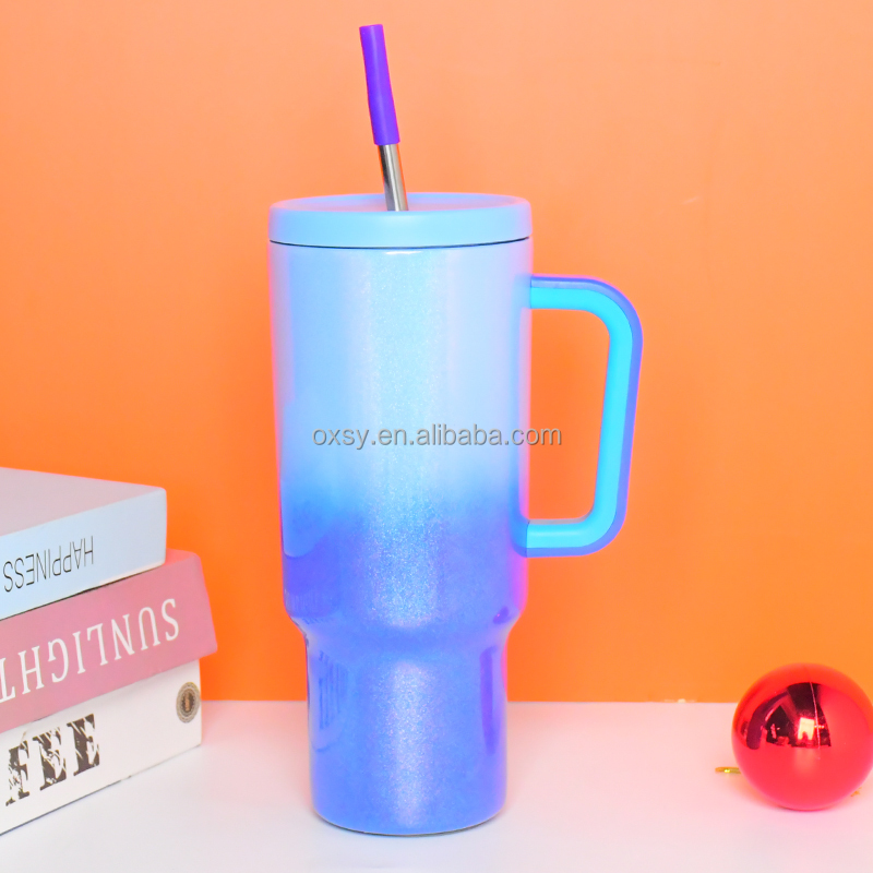 Gradient Rainbow Leak Proof Custom Reusable Stainless Steel Modern Insulated Tumbler With Handle And Straw Lid