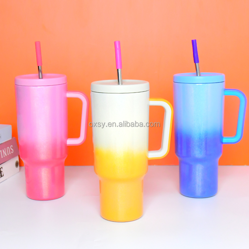 Gradient Rainbow Leak Proof Custom Reusable Stainless Steel Modern Insulated Tumbler With Handle And Straw Lid