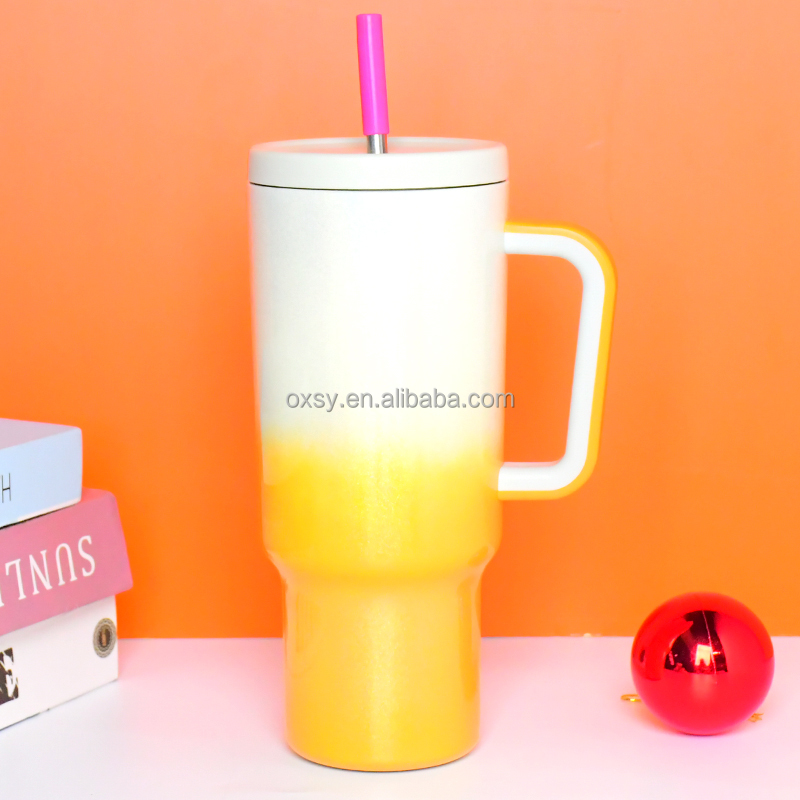 Gradient Rainbow Leak Proof Custom Reusable Stainless Steel Modern Insulated Tumbler With Handle And Straw Lid