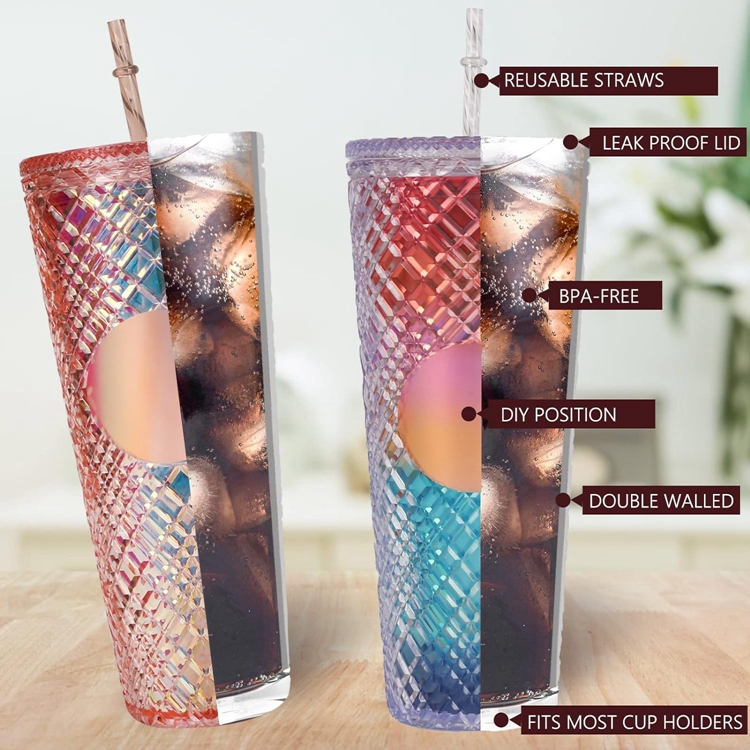 High quality 710ml/24oz Plastic Gifts Double Wall insulation Insulated Jeweled Tumbler with Spill & Splash Proof Lid and straw