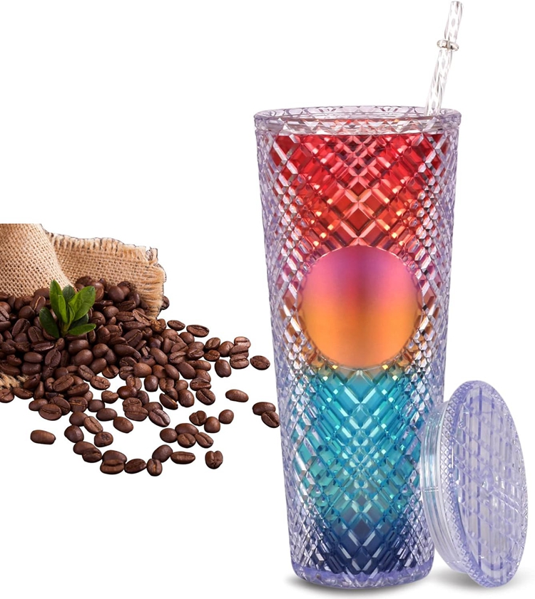 High quality 710ml/24oz Plastic Gifts Double Wall insulation Insulated Jeweled Tumbler with Spill & Splash Proof Lid and straw