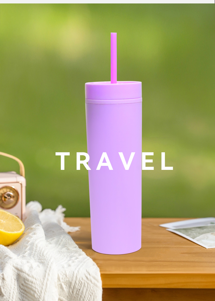 IN stock RTS Minimalist violet 400ml Double Wall Plastic skinny tumbler with lid and straw