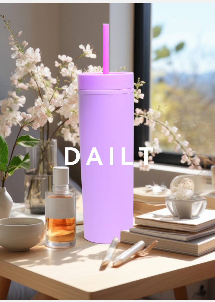 IN stock RTS Minimalist violet 400ml Double Wall Plastic skinny tumbler with lid and straw